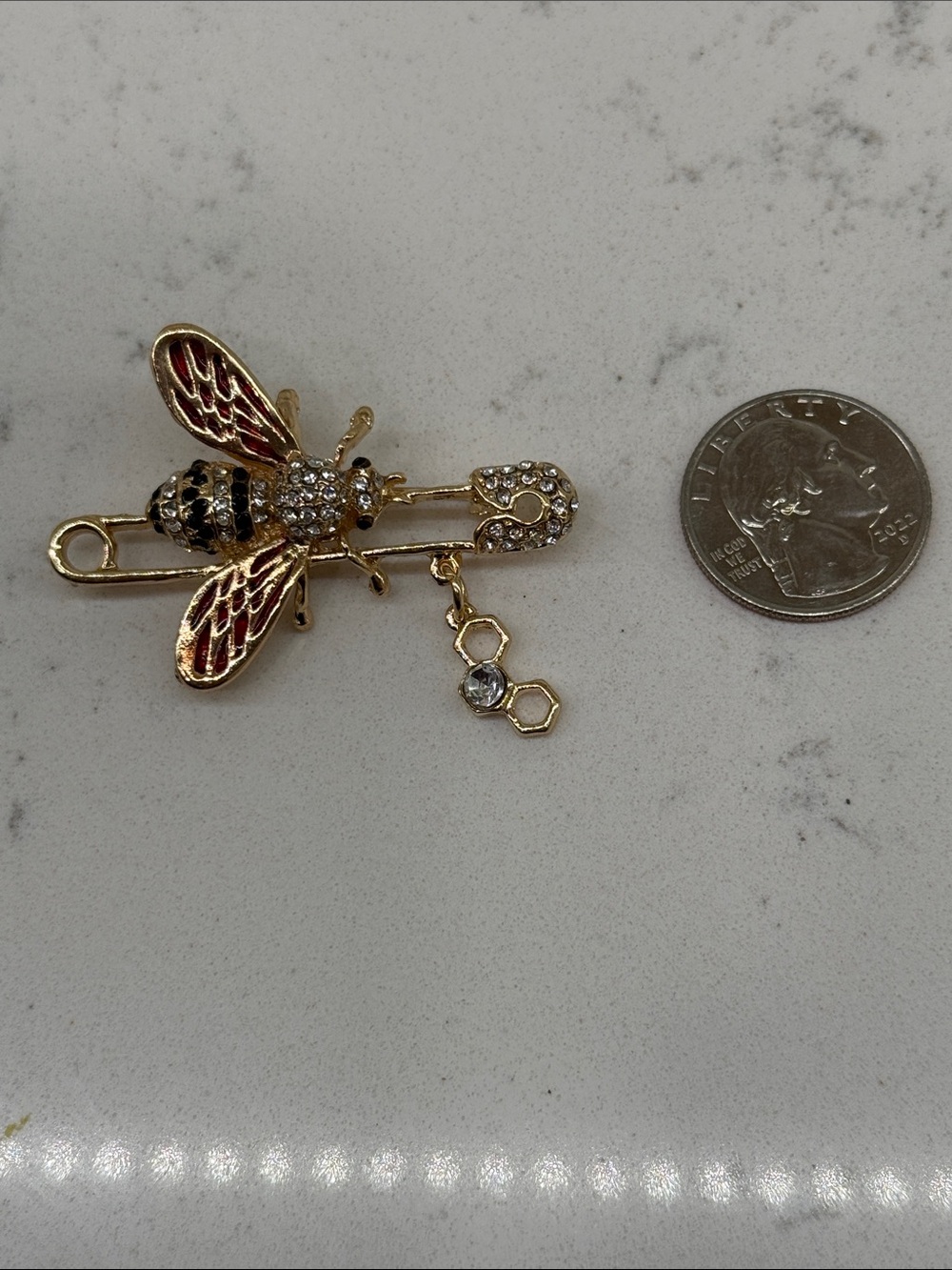 New Gold Bee Pin Brooch with Red Accents and Crystal Details